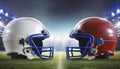 American football helmets on football field Royalty Free Stock Photo