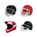 American football, ice hockey, baseball, motor bike uniform helmet. Rugby head protection equipment. Isolated vector illustration