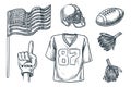 American football lovers accessories set, isolated on white background. Vector sketch illustration of sports equipment Royalty Free Stock Photo