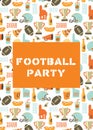 American Football party invitation card. Helmet, trophy, beer, foam finger, fast food, go and touch down lettering background. Royalty Free Stock Photo