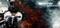 American football player, athlete in helmet on stadium in fire. Sport wallpaper with copyspace on background. Royalty Free Stock Photo