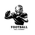 American football player with ball, logo. Vector illustration. Royalty Free Stock Photo