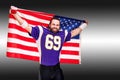 American football player closeup portrait. American football player with an american flag in his hands. Concept