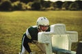 American football player doing tackling drills on a field Royalty Free Stock Photo