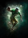 American football player jumping in the air with the ball. Team spirit, overcoming, equality and tolerance concept in the sport Royalty Free Stock Photo