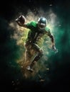 American football player jumping in the air with the ball. Team spirit, overcoming, equality and tolerance concept in the sport Royalty Free Stock Photo