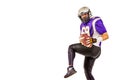 American football player posing with ball on black background. Super Bowl concept. Concept American football, portrait Royalty Free Stock Photo