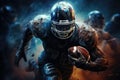 American football player running with the ball in dynamic action. Team spirit, overcoming, equality and tolerance concept in the Royalty Free Stock Photo