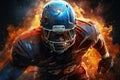 American football player running in fire. Team spirit, overcoming, equality and tolerance concept in the sport