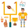 American football player and sport game icons vector cartoon style quarterback jumping success usa athlete