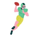 American football player. Sportsman in jump throws a ball. Vector flat illustration.