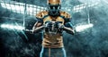 American football player on stadium with ball in hands and helmet on head. Sports background and wallpaper. Black skin