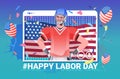 American football player with USA flag happy labor day celebration self isolation online communication concept