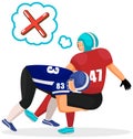 American football, rugby players in action and disagree icon, red cross sticker in speech bubble