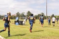 American football players from the Cavalaria 2 de Julho team entering the field for the game in the city of Camacari, Bahia