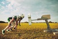 American football players doing tackling drills on a sports field Royalty Free Stock Photo