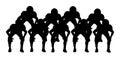 American football players on the scrimmage line vector silhouette. Rugby players team vector illustration. Defense formation in ac