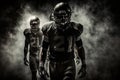 American football players team on dark smoky background. Generative Ai Royalty Free Stock Photo