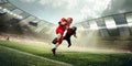 American football players in uniform, in motion during game, running with ball at 3D stadium. Open air sports arena Royalty Free Stock Photo