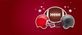 American football red background banner with american football ball, two opponent teams helmets in red and gray color, stars in Royalty Free Stock Photo