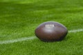 American football, rugby ball on green grass field background Royalty Free Stock Photo