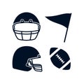 American football rugby helmet front and side view, flag, rugby ball illustration simple icon black color set