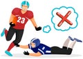 American football, rugby players in action and disagree icon, red cross sticker in speech bubble