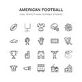 American football, rugby vector flat line icons. Sport game elements - ball, field, player, helmet, fan finger, snacks