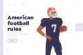 American football rules landing page design template with sportsman wearing uniform holding ball