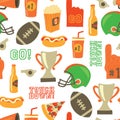 American Football seamless vector pattern. Super Bowl, Helmet, trophy, beer, foam finger, fast food, go and touch down lettering. Royalty Free Stock Photo