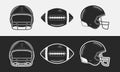 American football set. Football helmets, front and side views. Football ball. Black and white. Vintage design elements. Vector ill Royalty Free Stock Photo