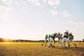 American football team doing defensive drills during a practice session Royalty Free Stock Photo