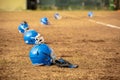 American football team helmets on the pitch. Soccer helmet Royalty Free Stock Photo