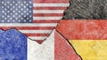 American, French, and German flag on a cracked background-politics, war concept Royalty Free Stock Photo