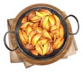 American fried potatoes in a frying pan. Watercolor illustration Royalty Free Stock Photo