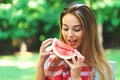 American girl eating watermelon Royalty Free Stock Photo