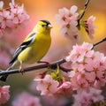 American Goldfinch in a Flowering Crabapple Tree