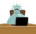 American hacker. computer thief from USA. Statue of Liberty in m