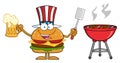 American Hamburger Cartoon Character Holding A Beer And Bbq Slotted Spatula By A Grill