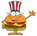 American Hamburger Cartoon Character With Patriotic Hat Waving Royalty Free Stock Photo