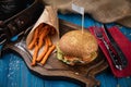 American hamburger with crab meat and french fries Royalty Free Stock Photo