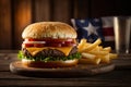 American Hamburger and Fries on Wooden Table generative AI