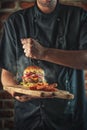 American hamburger with glass of beer in american pub or restaurant, product photography for restaurant in american style