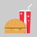 American hamburger with red paper or plastic cup with cola.Fast food.