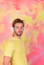 American handsome bearded guy with headphones. European man have fun time. Royalty Free Stock Photo