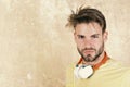 American handsome bearded guy with headphones. Musical lifestyle. Cheerful teenage dj listening songs via earphones Royalty Free Stock Photo