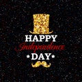 American Happy Independence Day festive bright poster with golden glitter top hat, mustache, stars on colorful confetti background Royalty Free Stock Photo