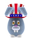 American hat and cartoon rabbit on white background. Isolated 3D illustration