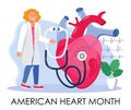 American Heart Month concept vector. Heart disease concept with cardiologist, EKG, cardiogram. Medical template of hypotension