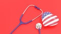 American Heart Month. Four week cardiovascular health awareness event. United States Flag heart and blue stethoscope on red